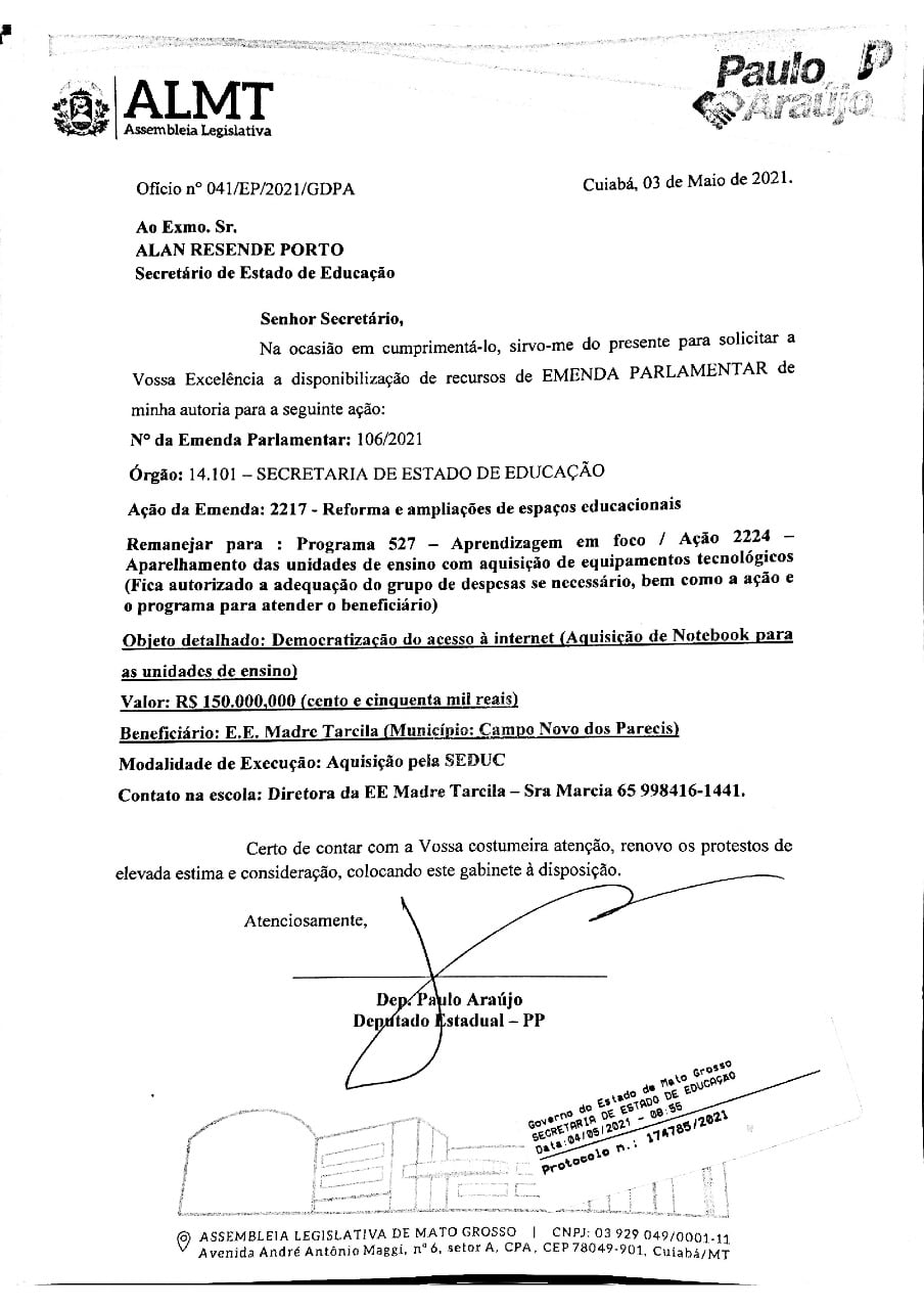 Emenda no valor de 150 mil reais será liberada para a Escola Estadual Madre Tarcila